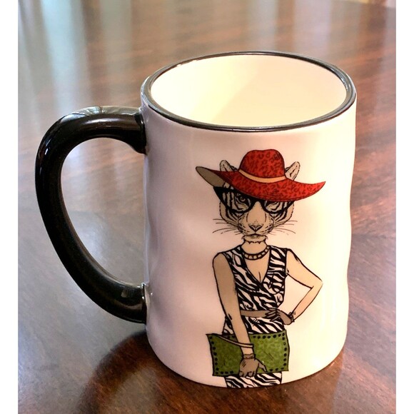 Signature Housewares Mug Hipster Diva Tiger Cat Zebra Print Dress Red Hat Clutch - Picture 2 of 9